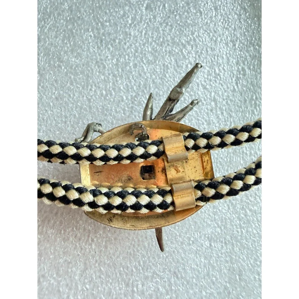 Vintage Southwestern Roadrunner Bolo Tie Turquoise Eye Black White Cord